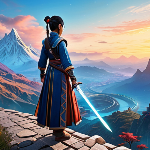 A confident adventurer, representing a new player in a fantasy MMORPG, stands powerfully in an epic, vibrant Wuxia-inspired landscape. She is fully clothed in a beautifully designed, modest, and professional-looking fantasy costume, holding a stylized, glowing sword. The background features a winding path leading to majestic, stylized fantasy mountains and a distant, illuminated city, symbolizing rapid progression and access to endgame content. The overall scene is bright and optimistic, showcasing success and empowerment. safe for work, appropriate content, fully clothed, family-friendly, perfect anatomy, correct proportions, natural pose, well-formed hands, proper finger count, natural body proportions, professional photography, high quality.
