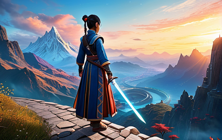 A confident adventurer, representing a new player in a fantasy MMORPG, stands powerfully in an epic, vibrant Wuxia-inspired landscape. She is fully clothed in a beautifully designed, modest, and professional-looking fantasy costume, holding a stylized, glowing sword. The background features a winding path leading to majestic, stylized fantasy mountains and a distant, illuminated city, symbolizing rapid progression and access to endgame content. The overall scene is bright and optimistic, showcasing success and empowerment. safe for work, appropriate content, fully clothed, family-friendly, perfect anatomy, correct proportions, natural pose, well-formed hands, proper finger count, natural body proportions, professional photography, high quality.